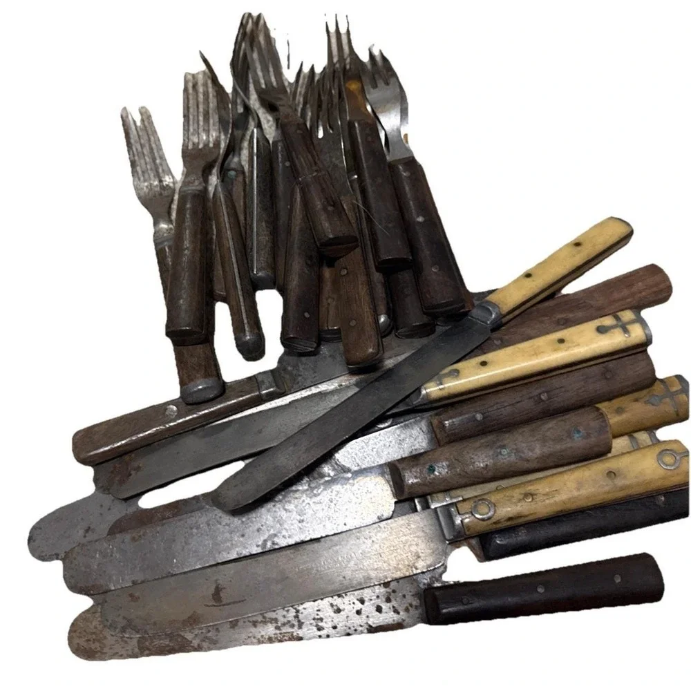 Antique 28 Forks Knives Civil War 1800s Wood Bone Handles Primitive Reenactment